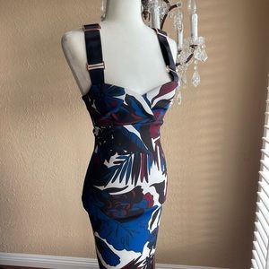 Ted Baker London Randela Blue White Woodblock Leaf Bodycon Midi Dress